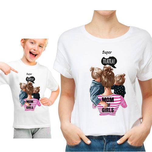 Korean Fashion Mom Of Girls/Boys Tees Tops Cute Harajuku Super Mama Printing Women T shirt Casual Kawaii Parent-child Clothing